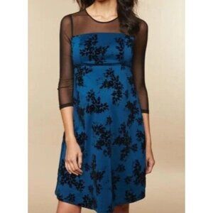 Motherhood Maternity Blue & Black Floral Mesh Overlay Dress Sheer Sleeves Empire